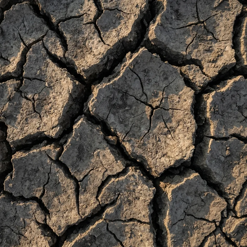 Close-up of dry, cracked earth with irregular large chunks separated by deep crevices.