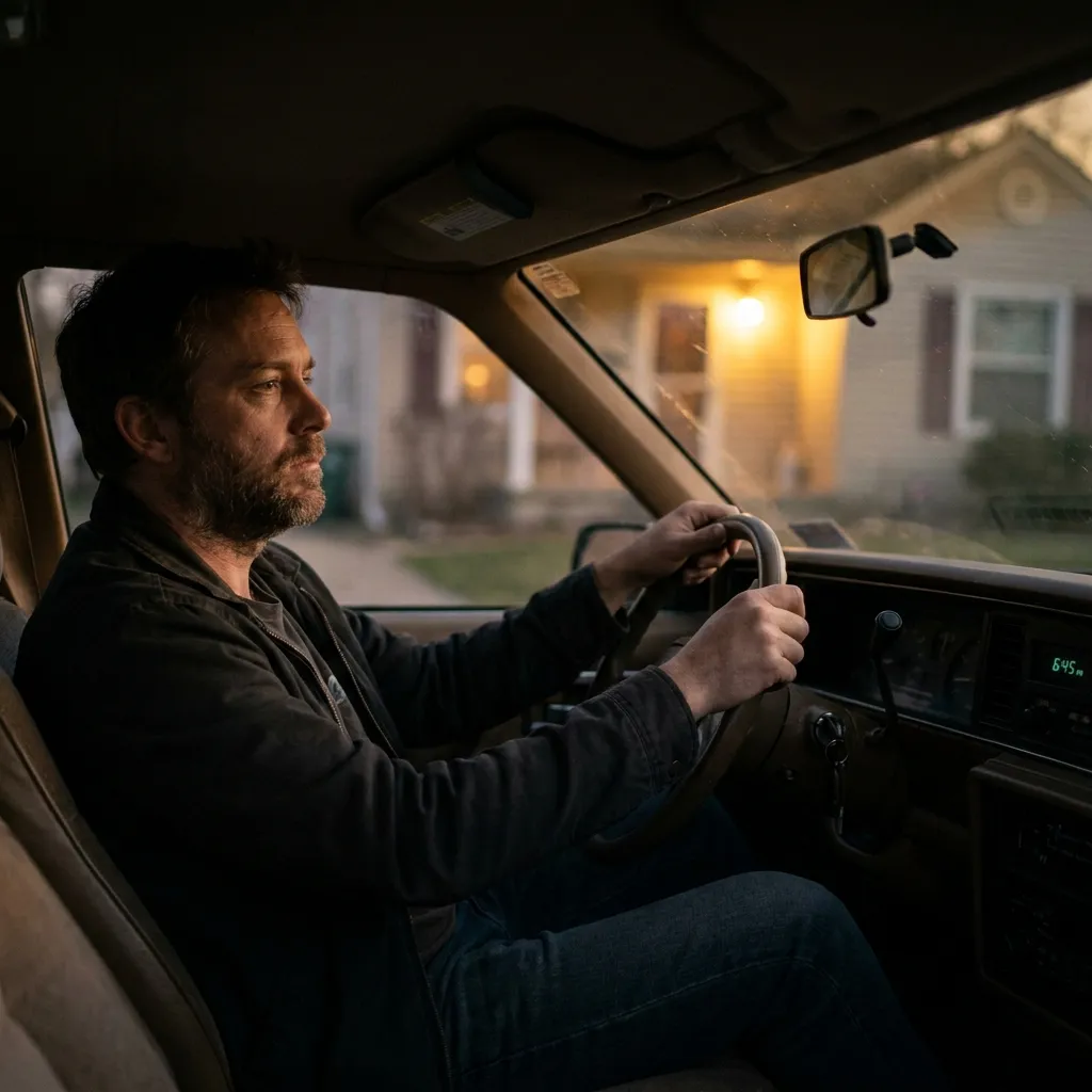 Man with a beard and dark jacket driving a car in the evening with a house and porch light visible through the window.