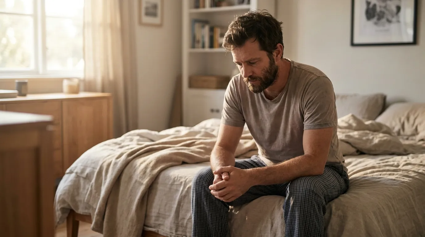 Man with beard in casual clothes sitting on the edge of a bed in a softly lit bedroom, appearing thoughtful or distressed.