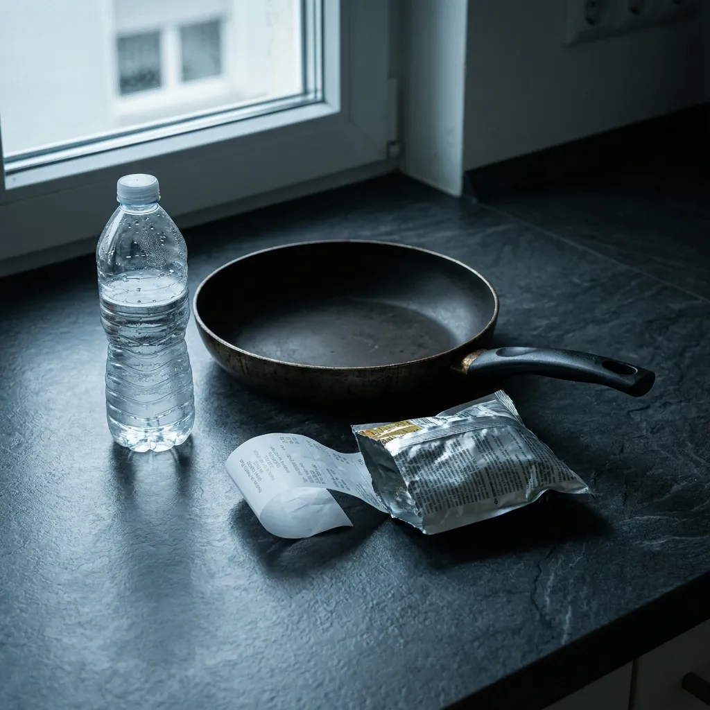 A dark, used frying pan with a black handle sits on a dark textured countertop near a window. Next to the pan is a clear plastic water bottle with condensation and a partially crumpled packaging with printed text and a receipt laying partially inside it.