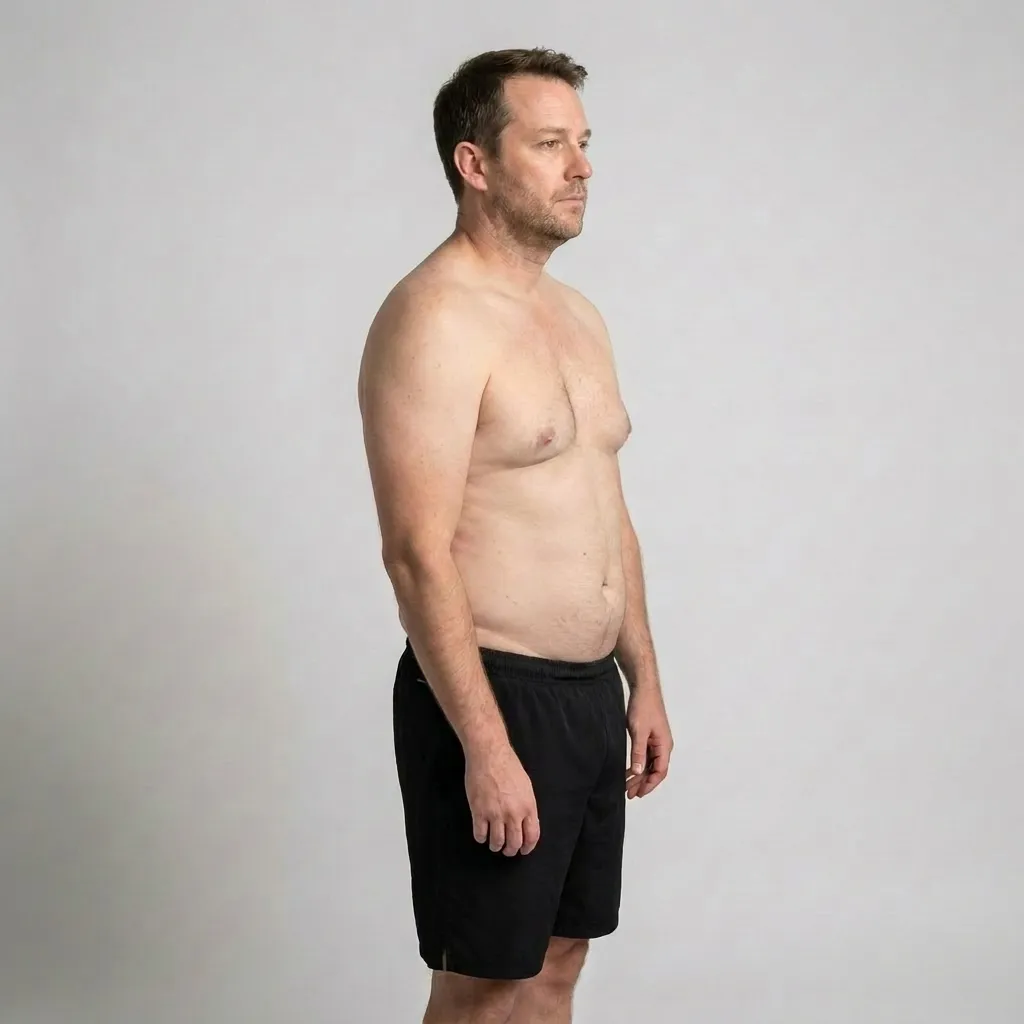 Side profile of a middle-aged man with short hair, light facial hair, and wearing black shorts, standing against a plain light gray background.