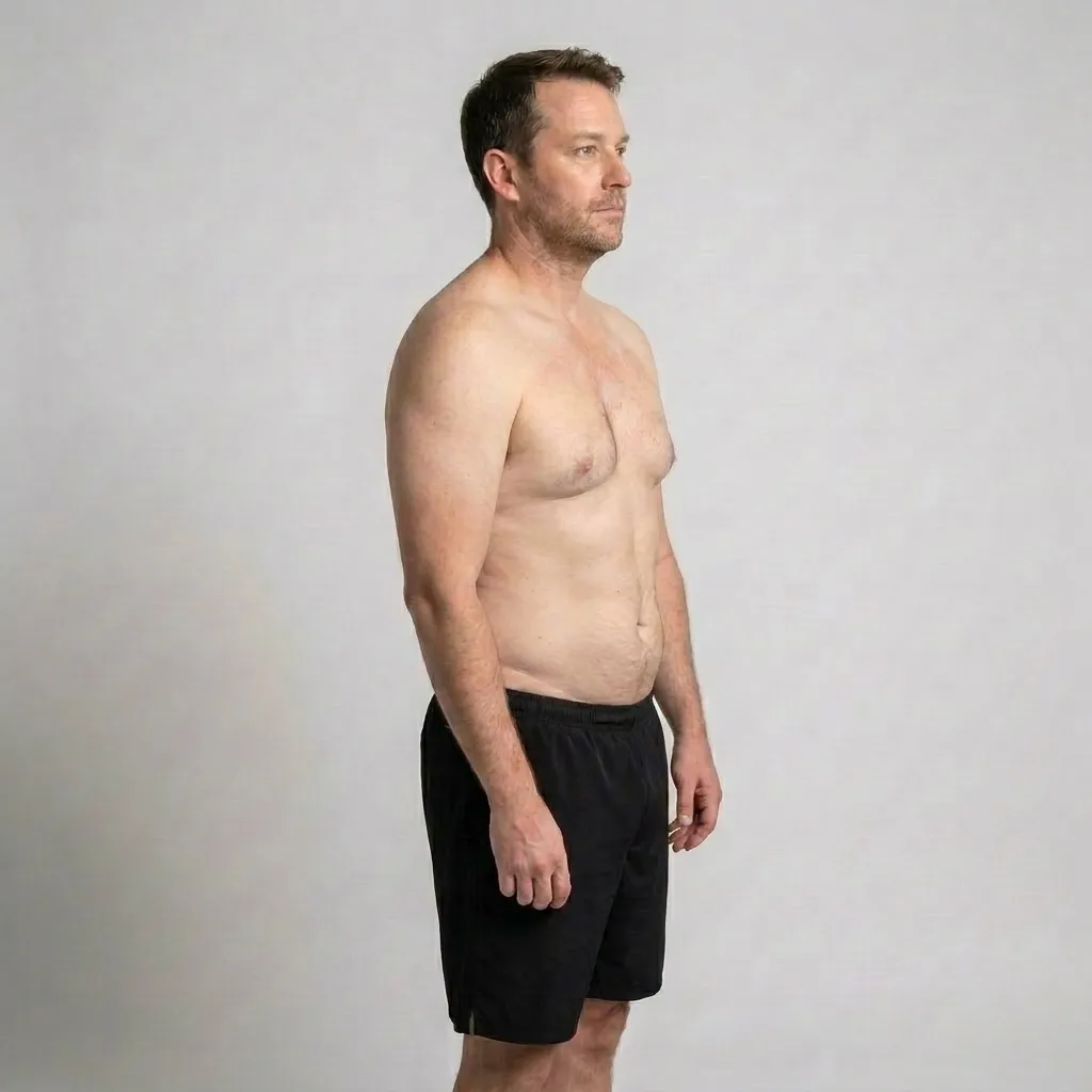 Side view of a shirtless man with short brown hair and slight beard, wearing black shorts, standing against a plain gray background.