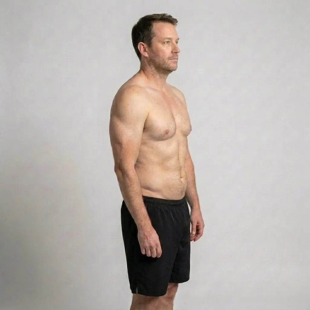 Side profile of a middle-aged man standing shirtless against a plain light background wearing black shorts.