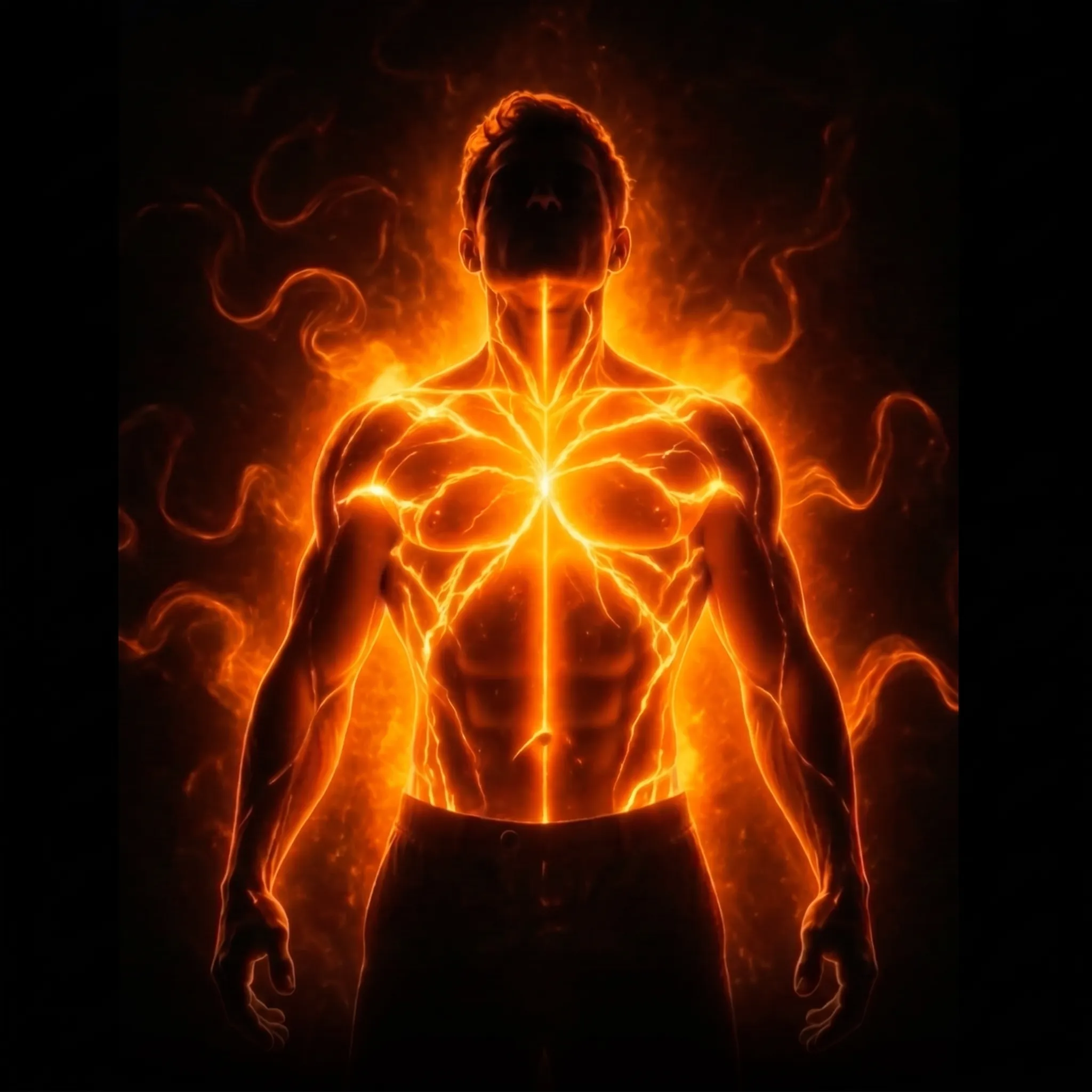 Silhouette of a muscular man with glowing bright orange lines outlining his muscles and veins, emitting radiant fiery energy with tendrils extending outward, against a dark background.