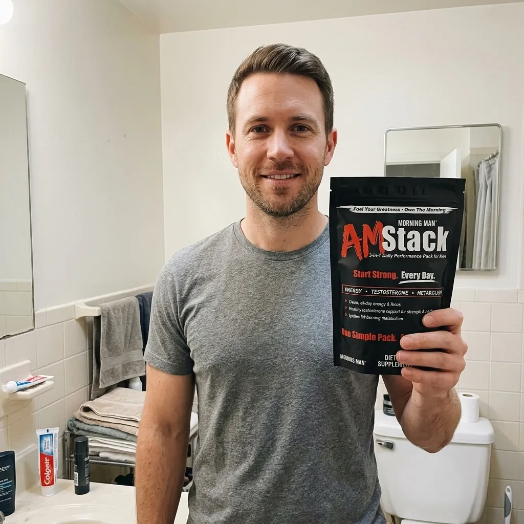 Smiling man in a gray t-shirt holding a black pack of Morning Man AM Stack dietary supplement in a bathroom with towels and toiletries visible.