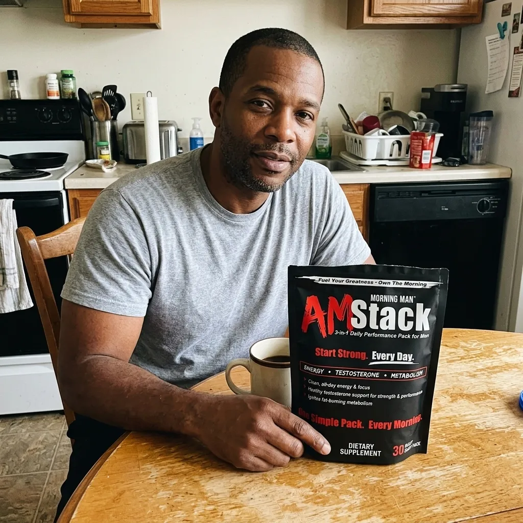 Man sitting at a wooden kitchen table holding a black AM Stack dietary supplement package, with a coffee mug nearby and a kitchen with stove, toaster, utensils, and dishwasher in the background.
