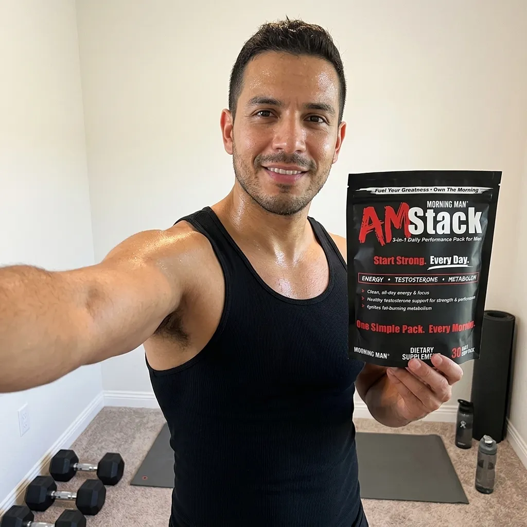 Smiling man in black tank top taking a selfie in a workout room while holding a black package of AM Stack dietary supplement.