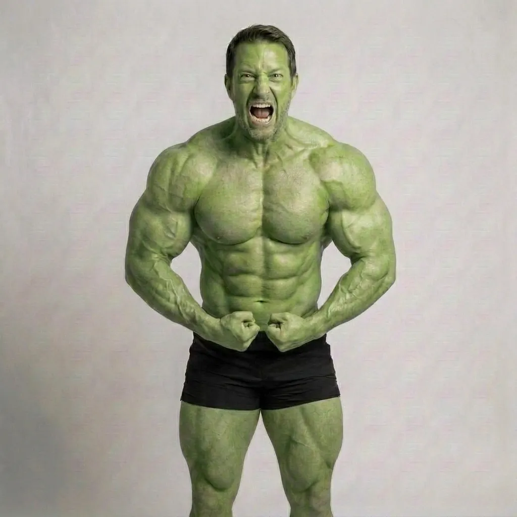 Muscular man with a green skin tone resembling the Hulk, flexing his muscles and yelling, wearing black shorts against a plain background.
