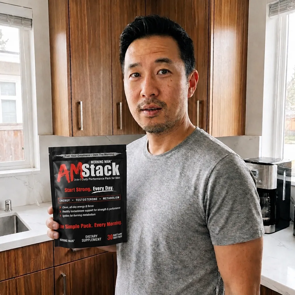 Man in a gray patterned t-shirt stands in a kitchen holding a black bag of AMStack dietary supplement, which supports energy, testosterone, and metabolism for men.