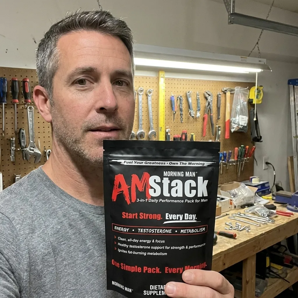 Man with short gray hair and stubble in a workshop holding a black package of Morning Man AM Stack dietary supplement promoting energy, testosterone, and metabolism support.