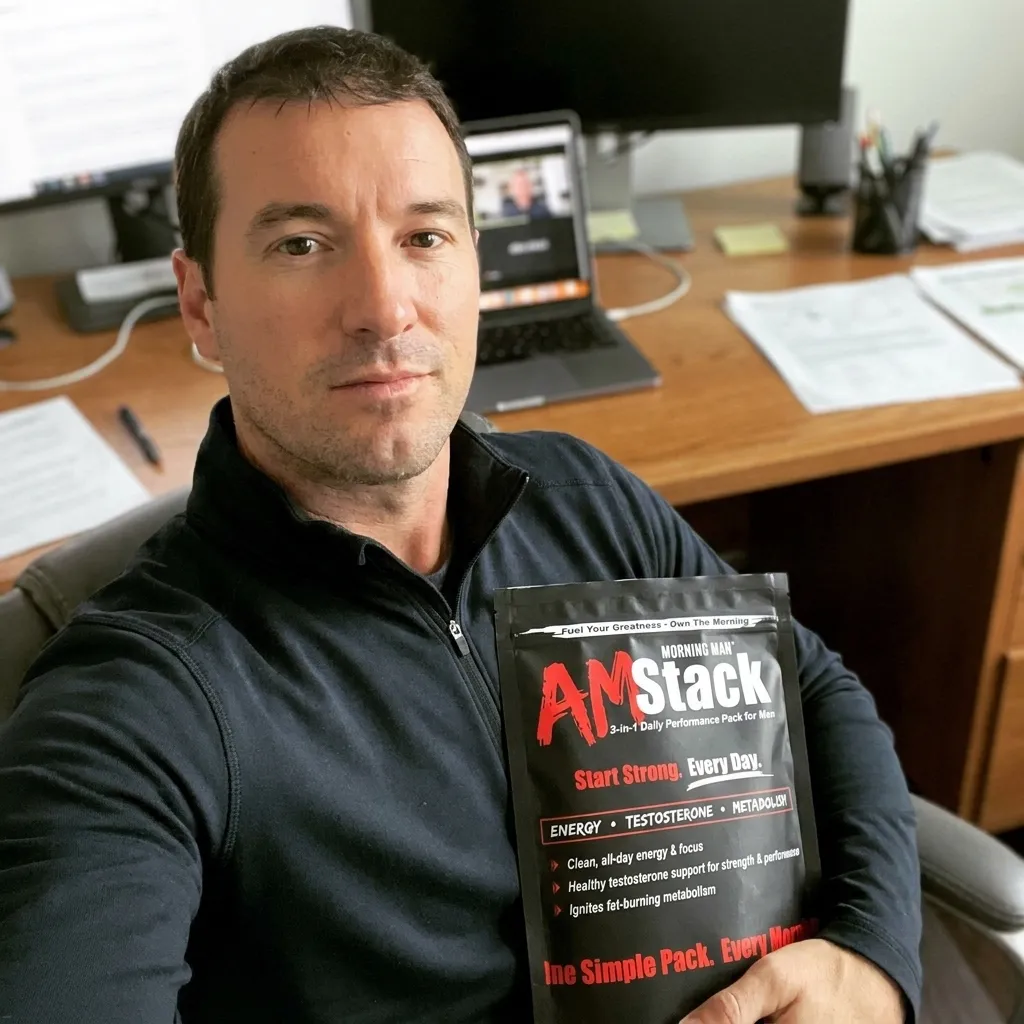 Man with short dark hair wearing a dark zip-up jacket sitting in an office chair holding a black package of AM Stack, a 3-in-1 daily performance pack for men promoting energy, testosterone, and metabolism support, with documents and a laptop on a wooden desk behind him.