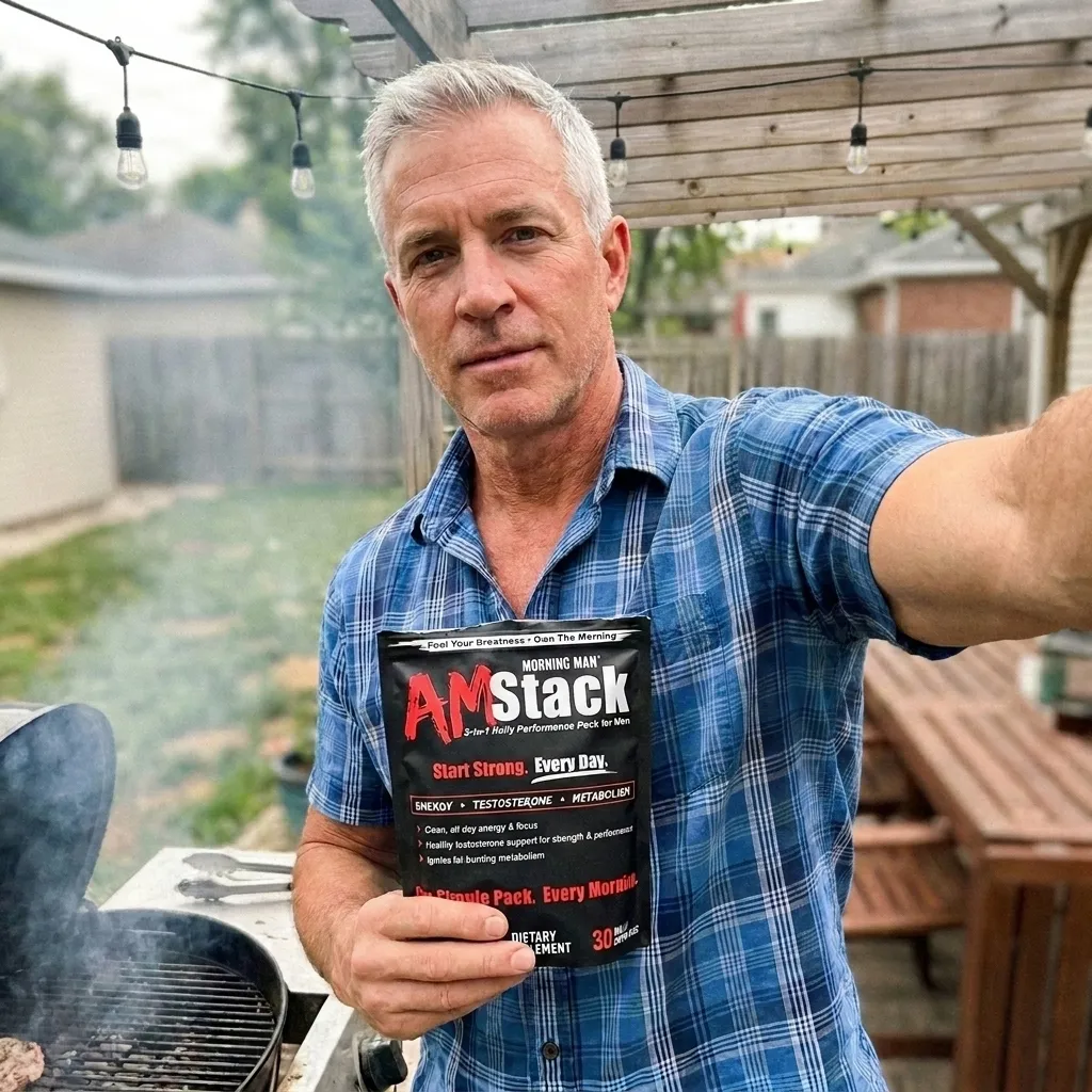 Middle-aged man with short gray hair wearing a blue plaid shirt holds a black and red packet labeled AM Stack Morning Man dietary supplement in one hand while taking a selfie outside near a wooden gazebo and a barbecue grill with smoke rising from it.