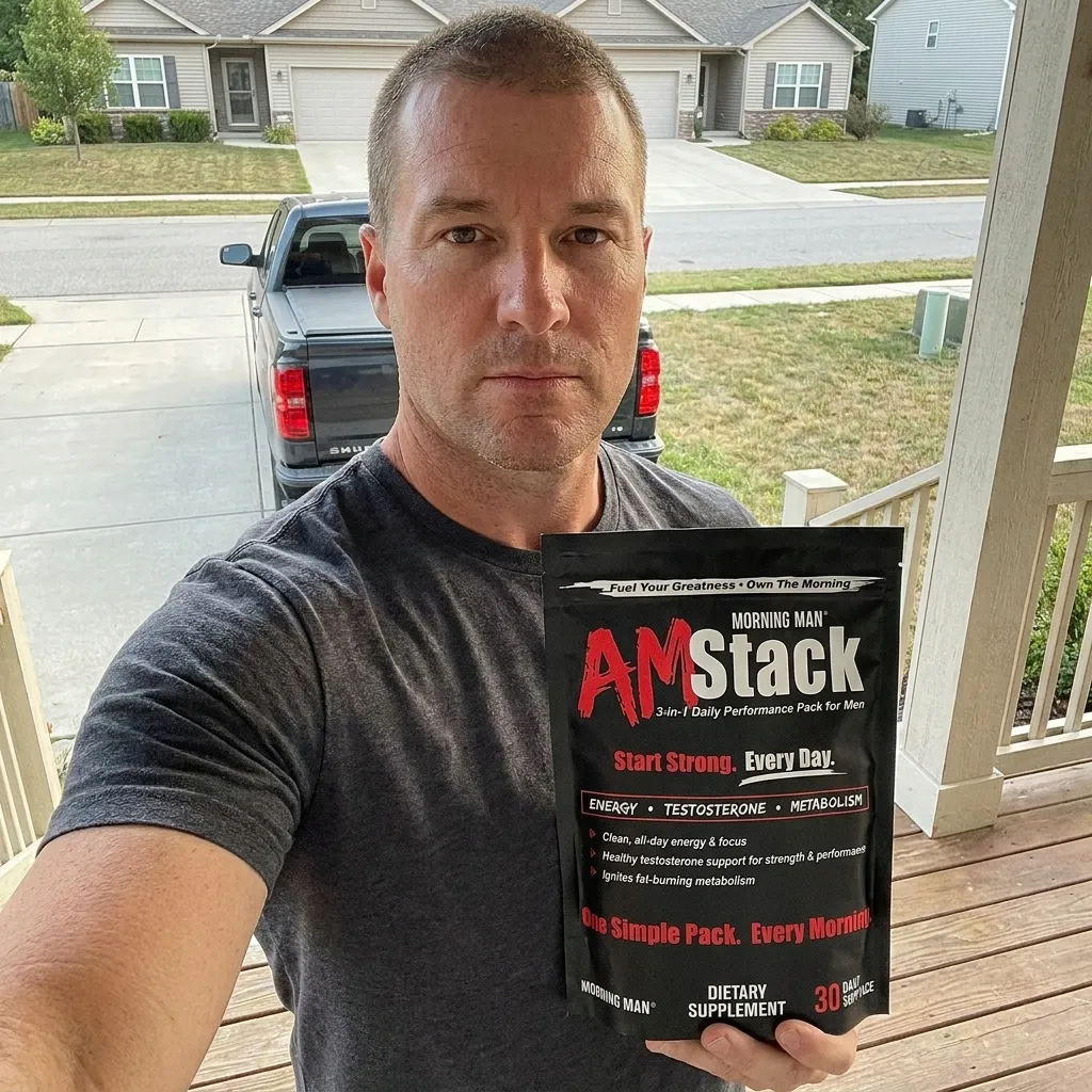 Man wearing a dark gray t-shirt standing on a wooden porch holding a black package labeled 'Morning Man AM Stack' dietary supplement, with text promoting energy, testosterone, and metabolism support, and a pickup truck and houses visible in the background.