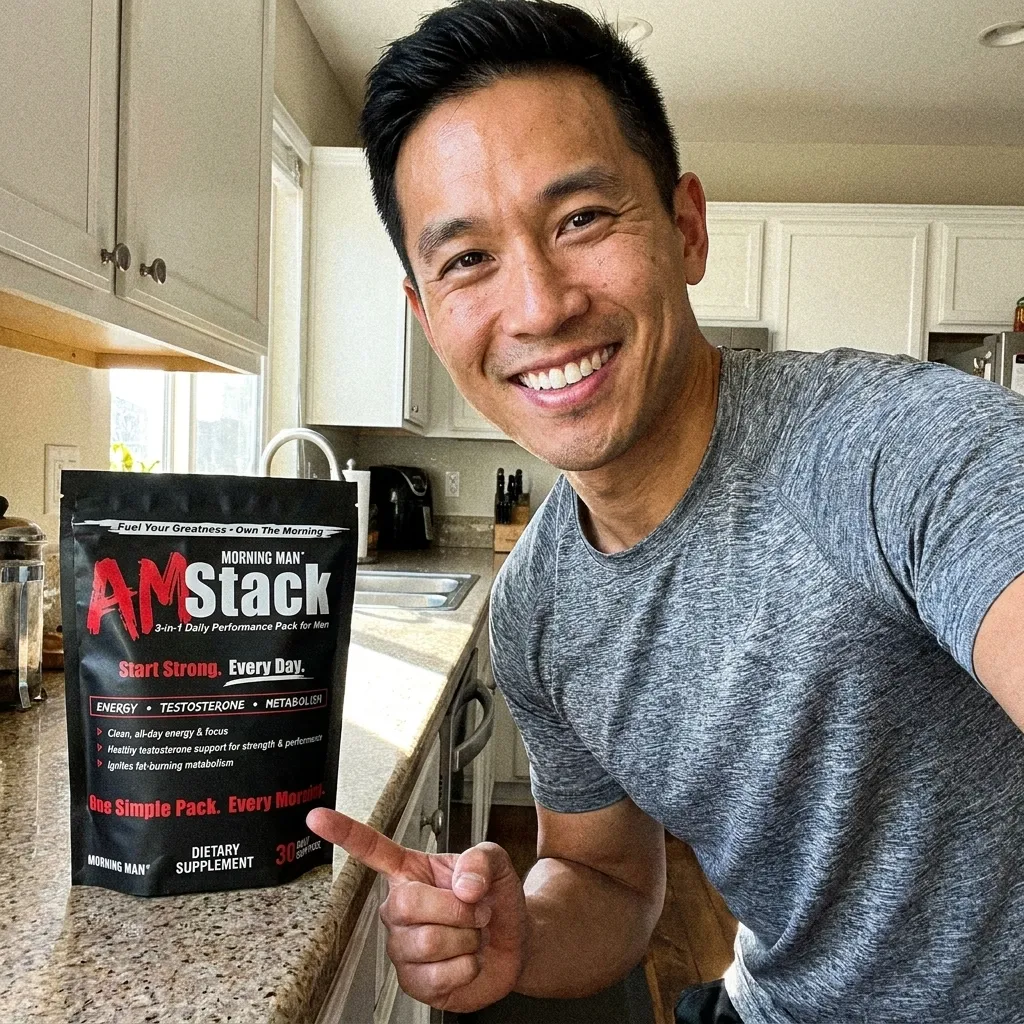 Smiling man in a gray t-shirt pointing at a black bag of AM Stack dietary supplement on a kitchen counter with white cabinets.