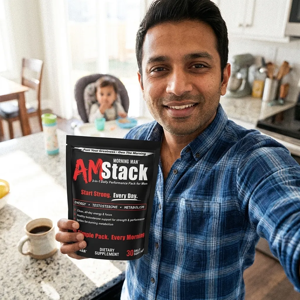 Man in a blue plaid shirt smiling and holding a black package of AM Stack dietary supplement in a kitchen with a coffee cup on the counter and a child sitting in a high chair in the background.