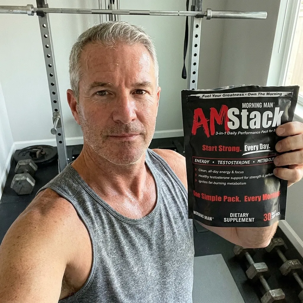 Middle-aged man with short gray hair in a gray sleeveless shirt holding a black packet labeled 'AM Stack Morning Man' in a home gym with weights and a barbell rack in the background.