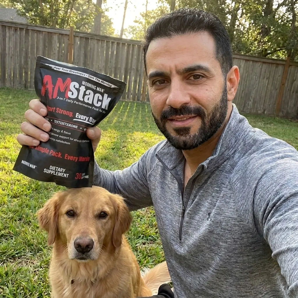 Man with a trimmed beard and short dark hair, wearing a gray quarter-zip shirt, sitting outside on grass next to a golden retriever dog, holding a black package labeled AMstack Morning Man dietary supplement.
