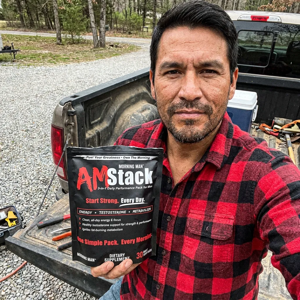 Man wearing a red and black checkered shirt holding a package of Morning Man AM Stack dietary supplement near the open tailgate of a pickup truck, outdoors on a gravel driveway with trees in the background.