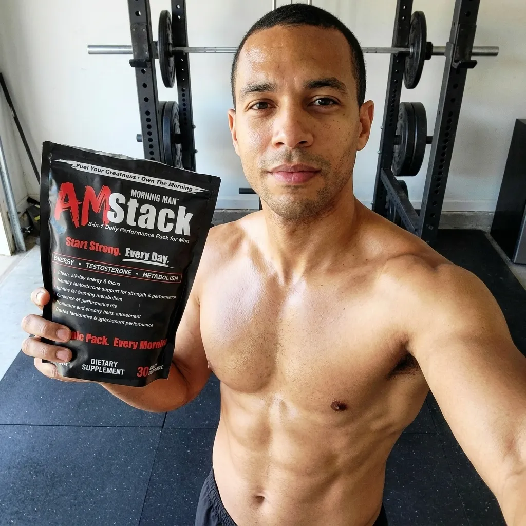 Muscular shirtless man holding a black packet of AM Morning Man Stack dietary supplement in a gym with weightlifting equipment in the background.