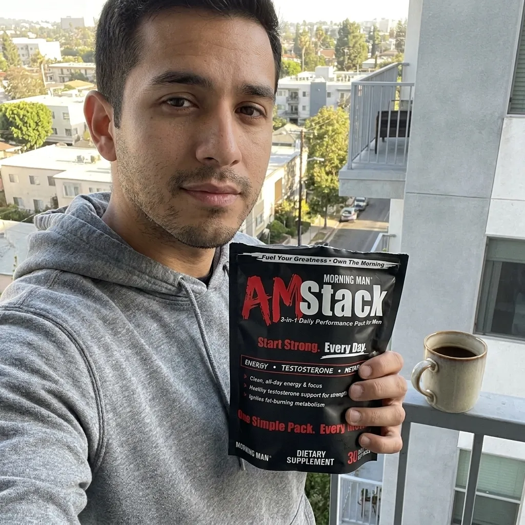 A man in a gray hoodie standing on a balcony holding a black package of AM Stack dietary supplement, with a coffee mug on the balcony railing and buildings in the background.