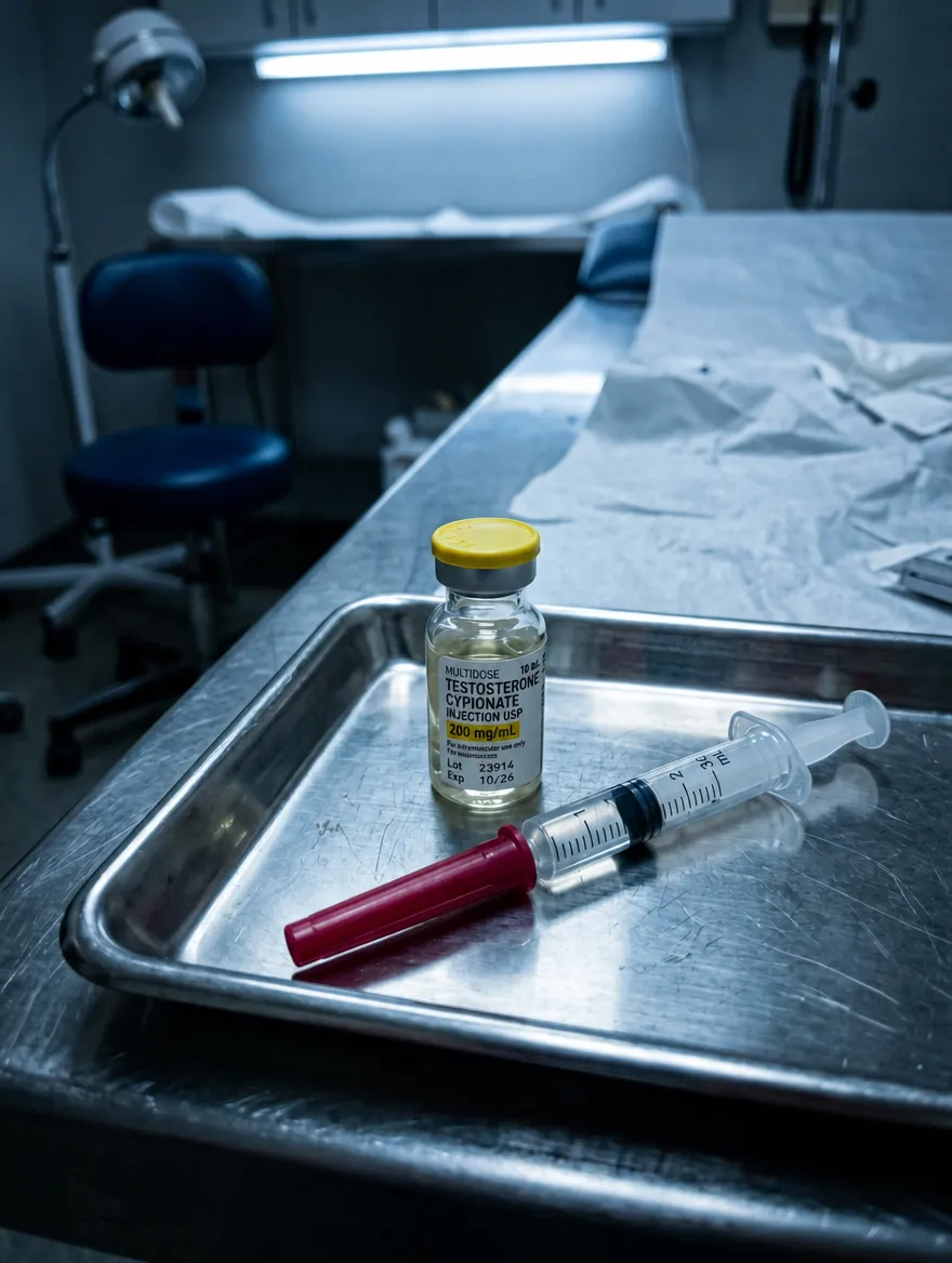 A vial of Testosterone Cypionate injection with a yellow cap and a syringe with a red protective cover lying on a metal tray in a clinical setting.