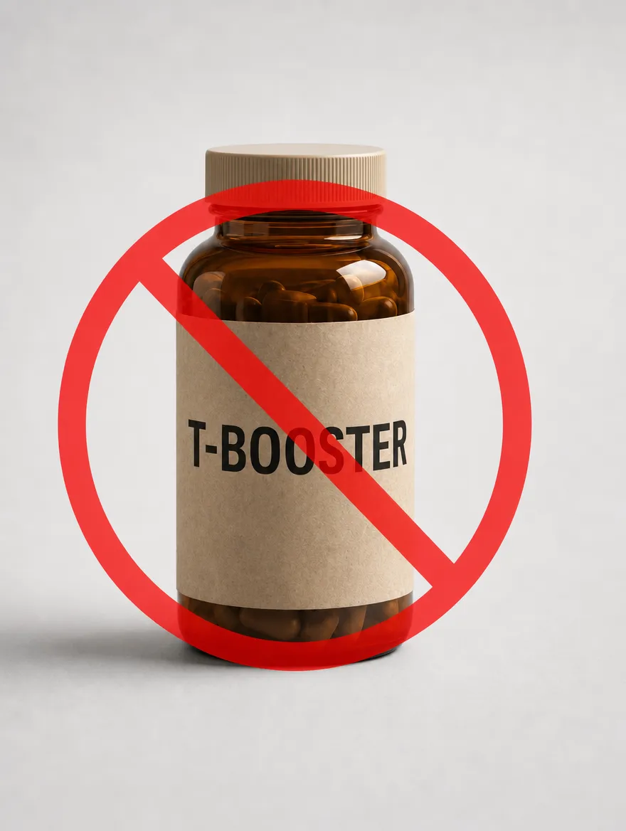 Brown pill bottle labeled T-BOOSTER with a red prohibition symbol over it.