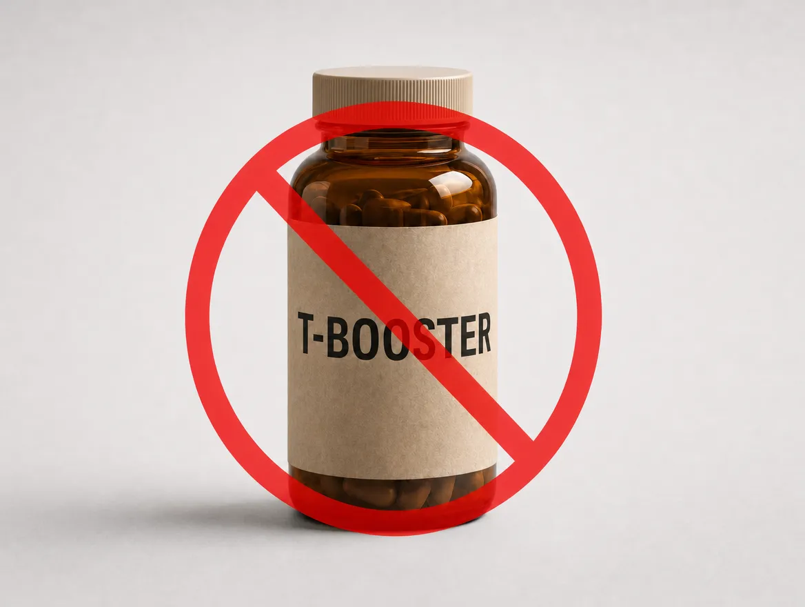 Amber pill bottle labeled 'T-BOOSTER' with a red prohibition symbol overlay, indicating the product is not allowed or recommended.