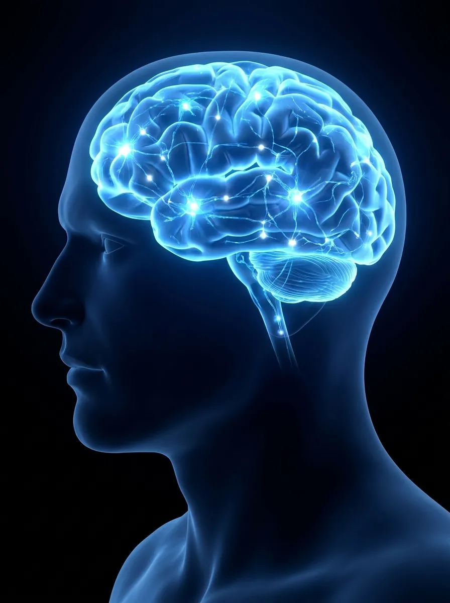 Side profile of a human head with a glowing, translucent brain showing neural connections and electrical activity in blue light.