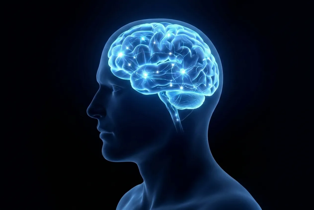 Side profile of a human head with an illuminated digital illustration of the brain showing neural connections glowing inside the skull.