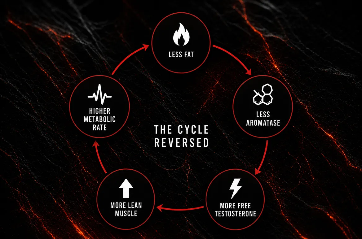 A circular diagram titled 'The Cycle Reversed' showing five connected stages: Less Fat with a flame icon, Less Aromatase with a molecular structure icon, More Free Testosterone with a lightning bolt icon, More Lean Muscle with an upward arrow icon, and Higher Metabolic Rate with a heartbeat line icon. Red arrows connect each stage in a cycle on a black background with red cracks.