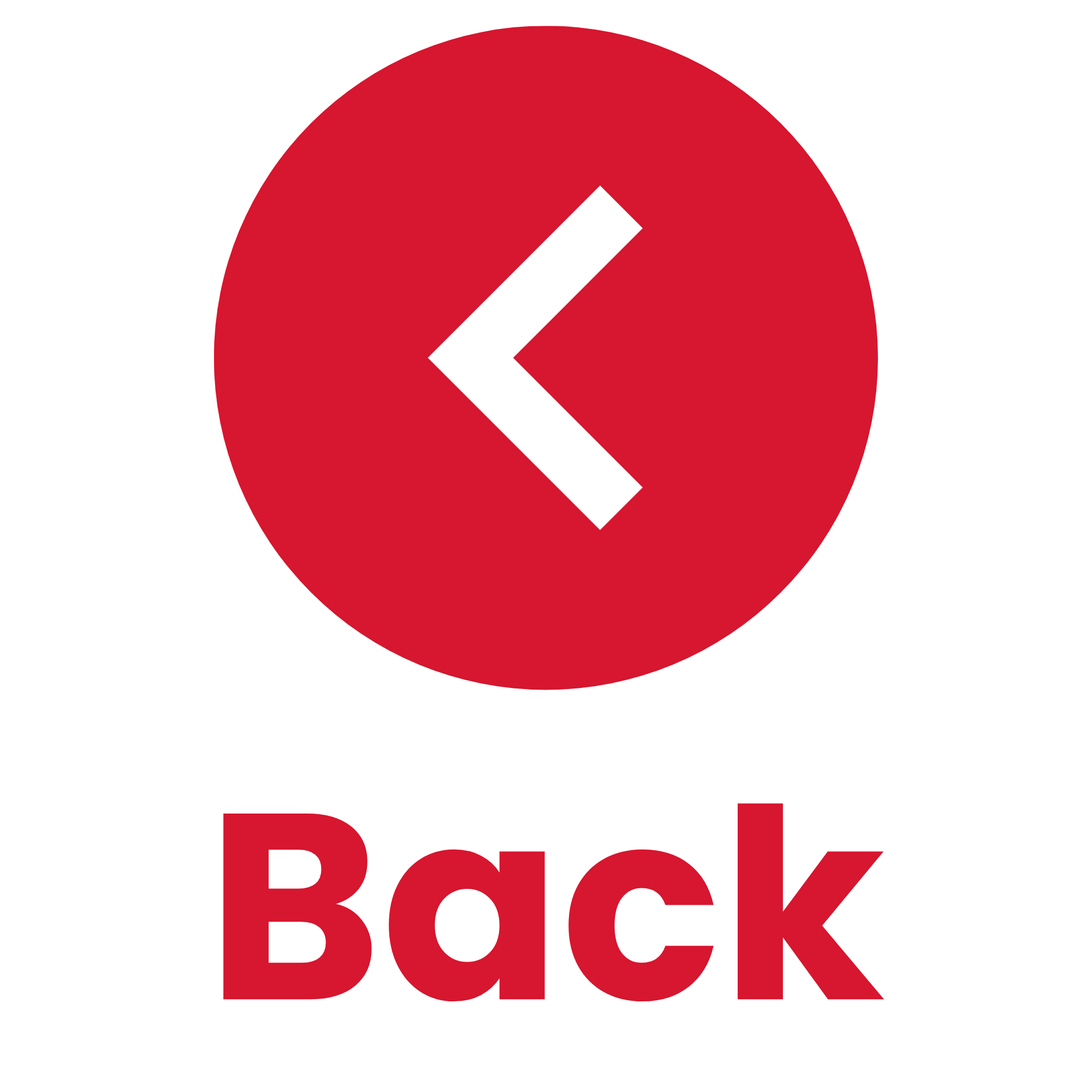 Red circular back arrow icon above the word Back in bold red letters.