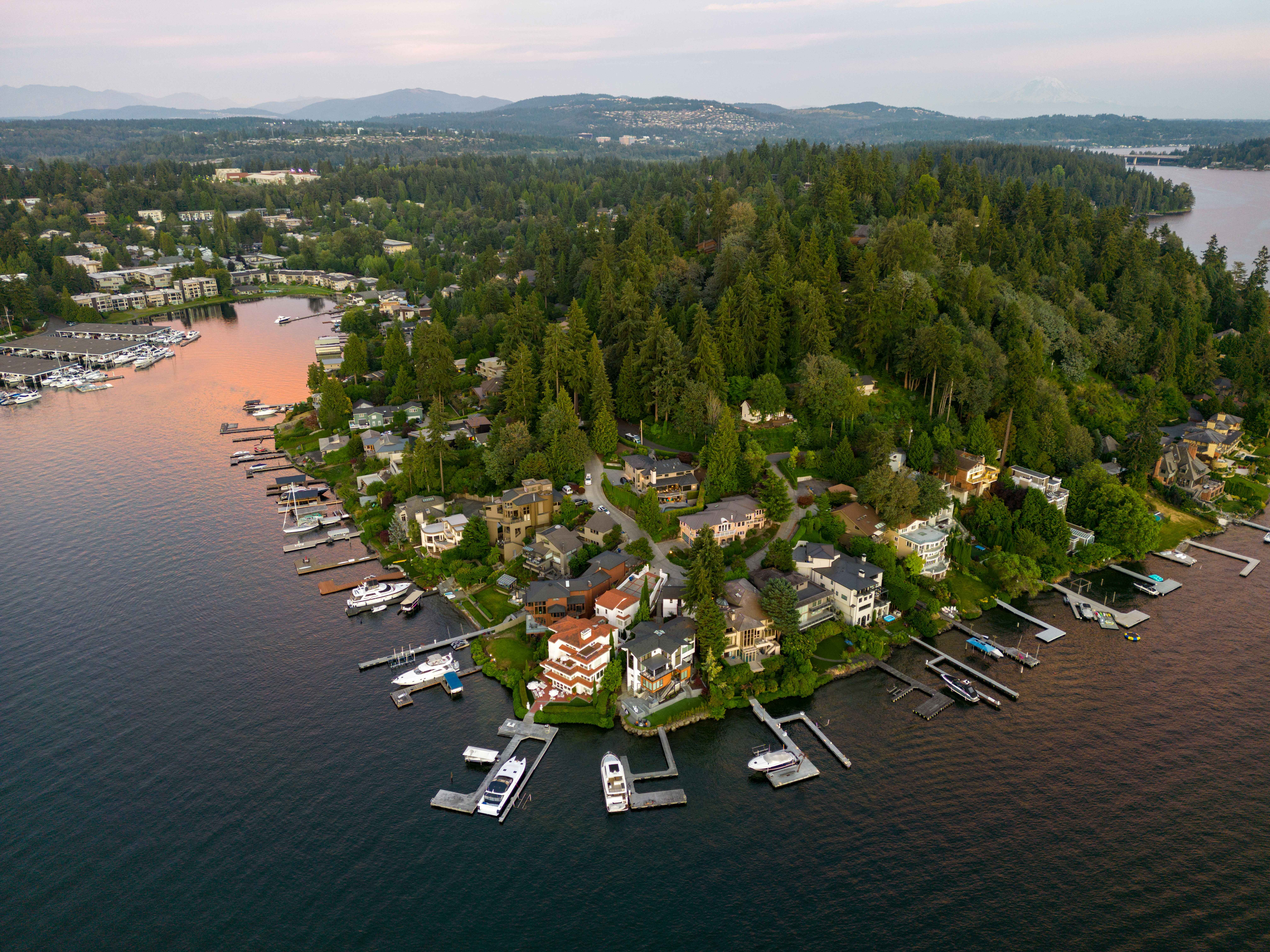 Aerial view of lakeside houses with docks on a wooded peninsula at sunset.