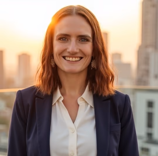 Smiling woman with red hair in white blouse and navy blazer with cityscape background at sunset.