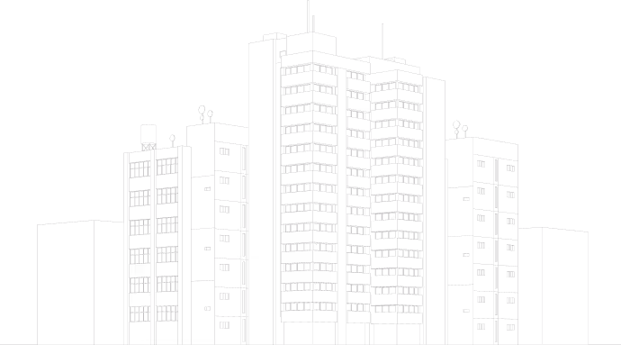 Simplified gray outline of a city skyline with various tall and short buildings.