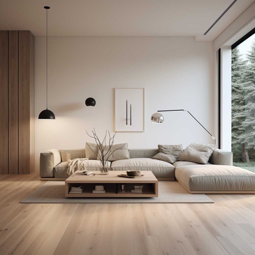 Minimalist living room with beige sectional sofa, wooden coffee table, modern lamps, and large window with forest view.