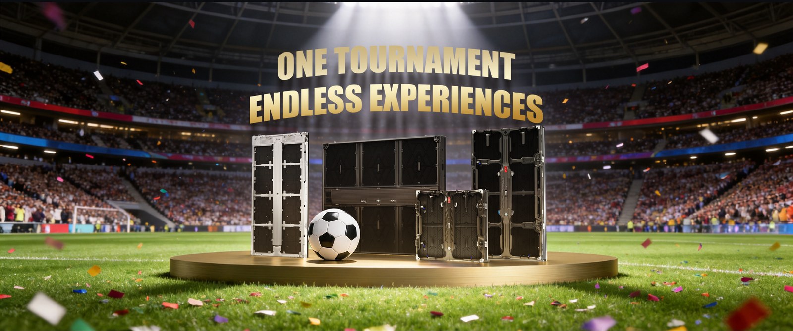 Dicolor LED cabinets on a plinth in a stadium, one tournament endless experiences