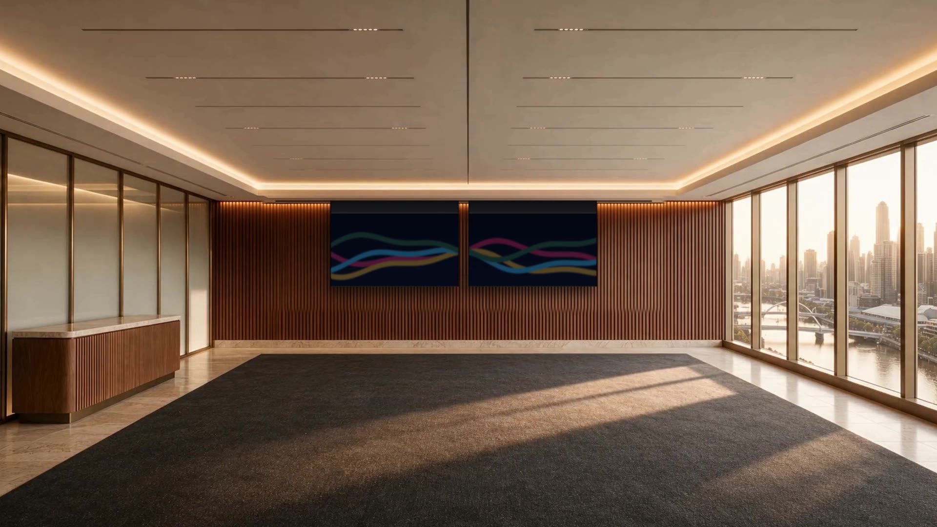 Visualisation of the Dicolor sliding LED wall, two COB LED displays joined as one 32:9 screen in an open function room