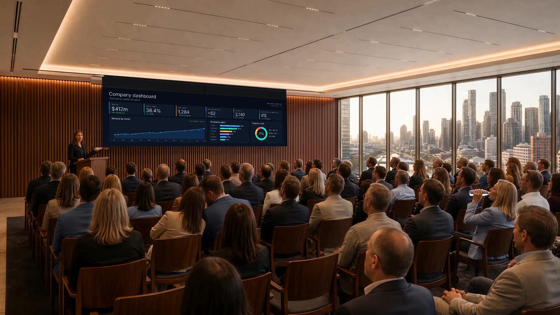 Visualisation of the room open, with the sliding LED wall running as one 32:9 screen for a full-floor presentation