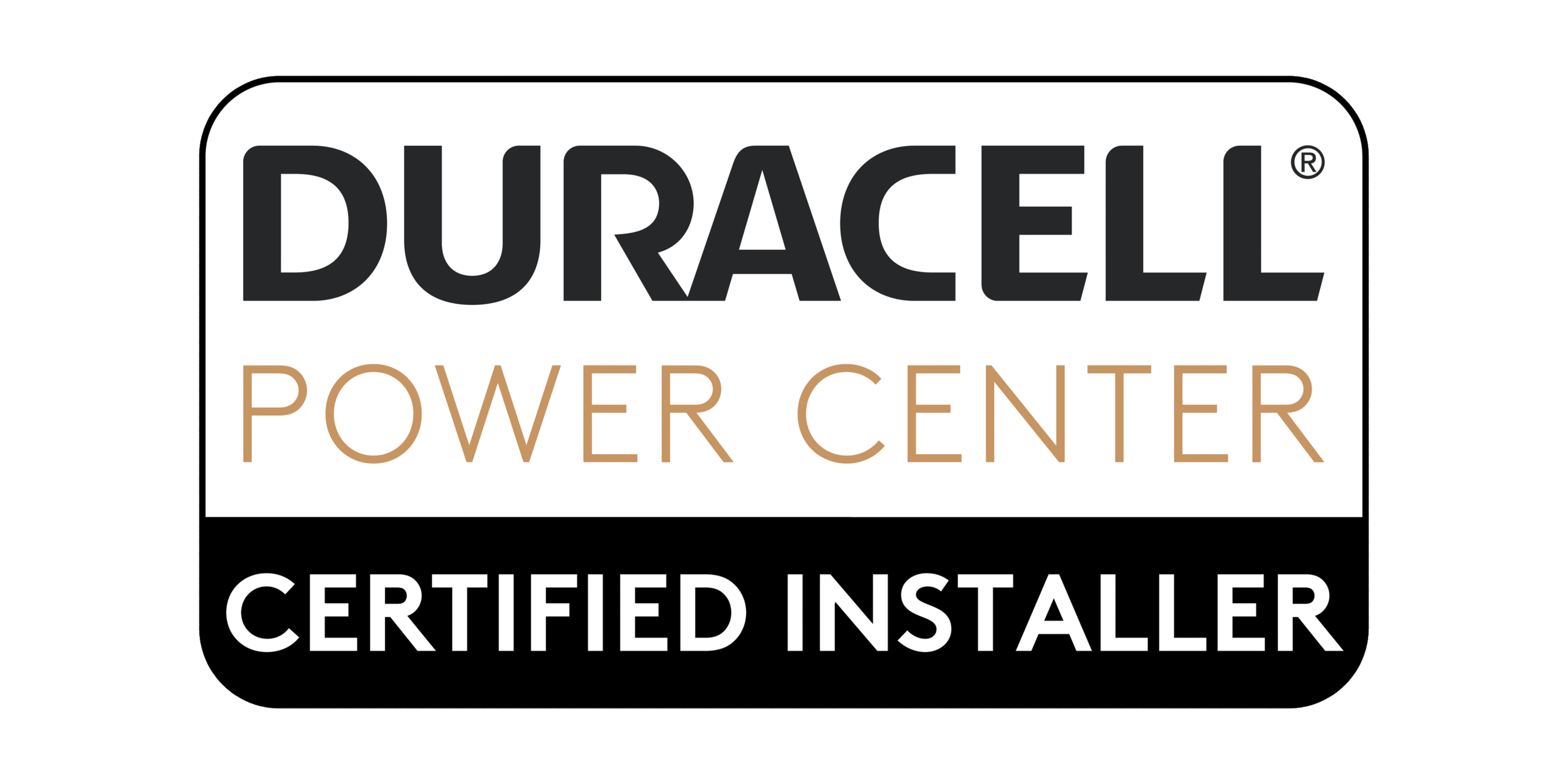 Duracell Power Center certified installer badge with black and gold text.