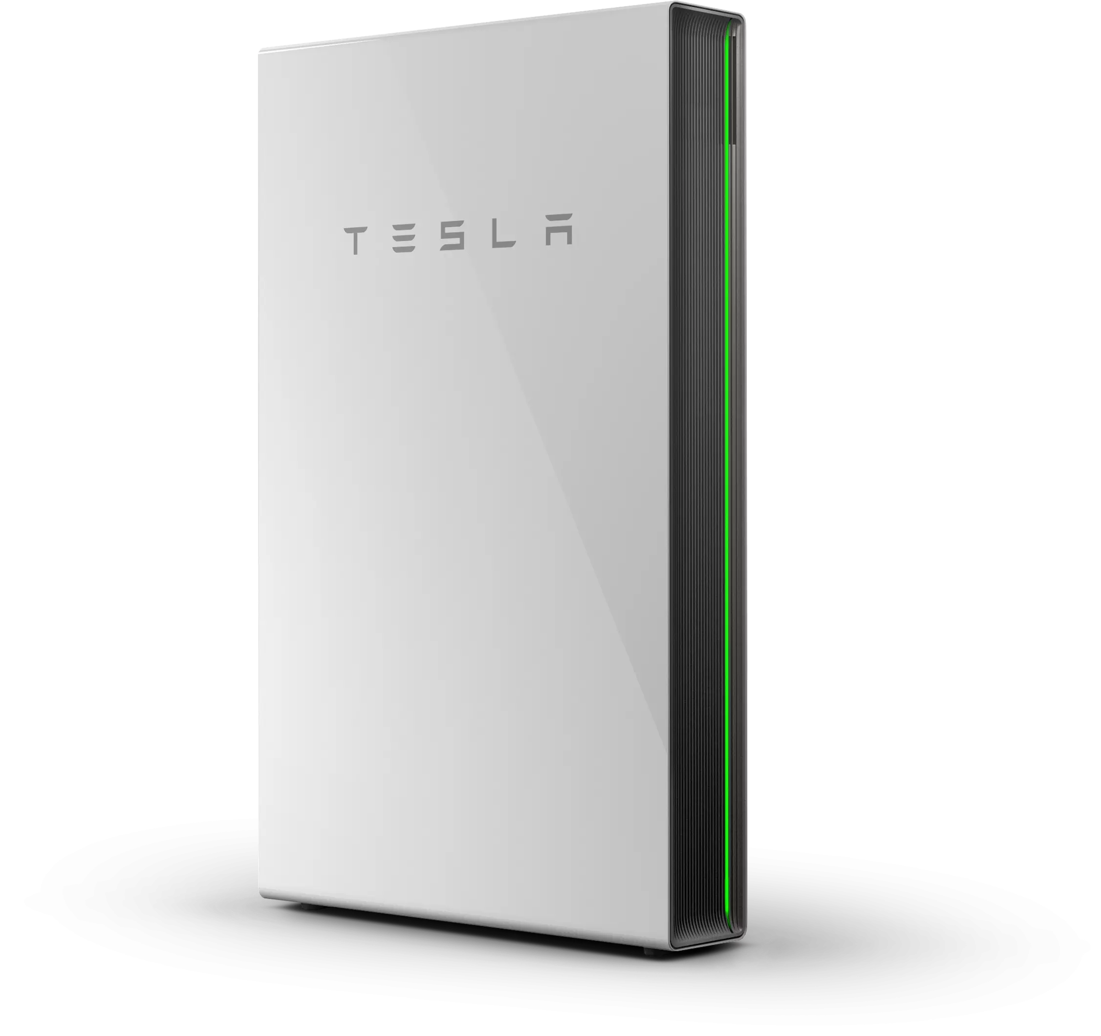 White Tesla Powerwall battery with a green light strip on the side.