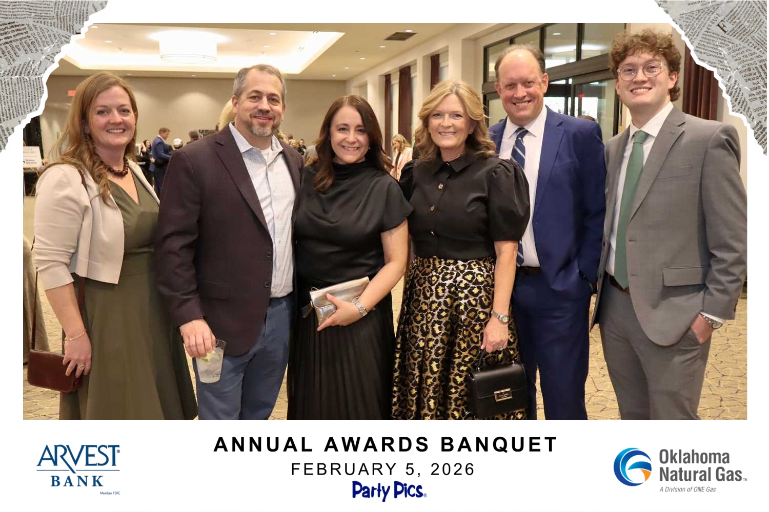 Six people dressed in formal attire stand together smiling at an indoor Annual Awards Banquet event dated February 5, 2026, framed by a graphic with Arvest Bank and Oklahoma Natural Gas logos.