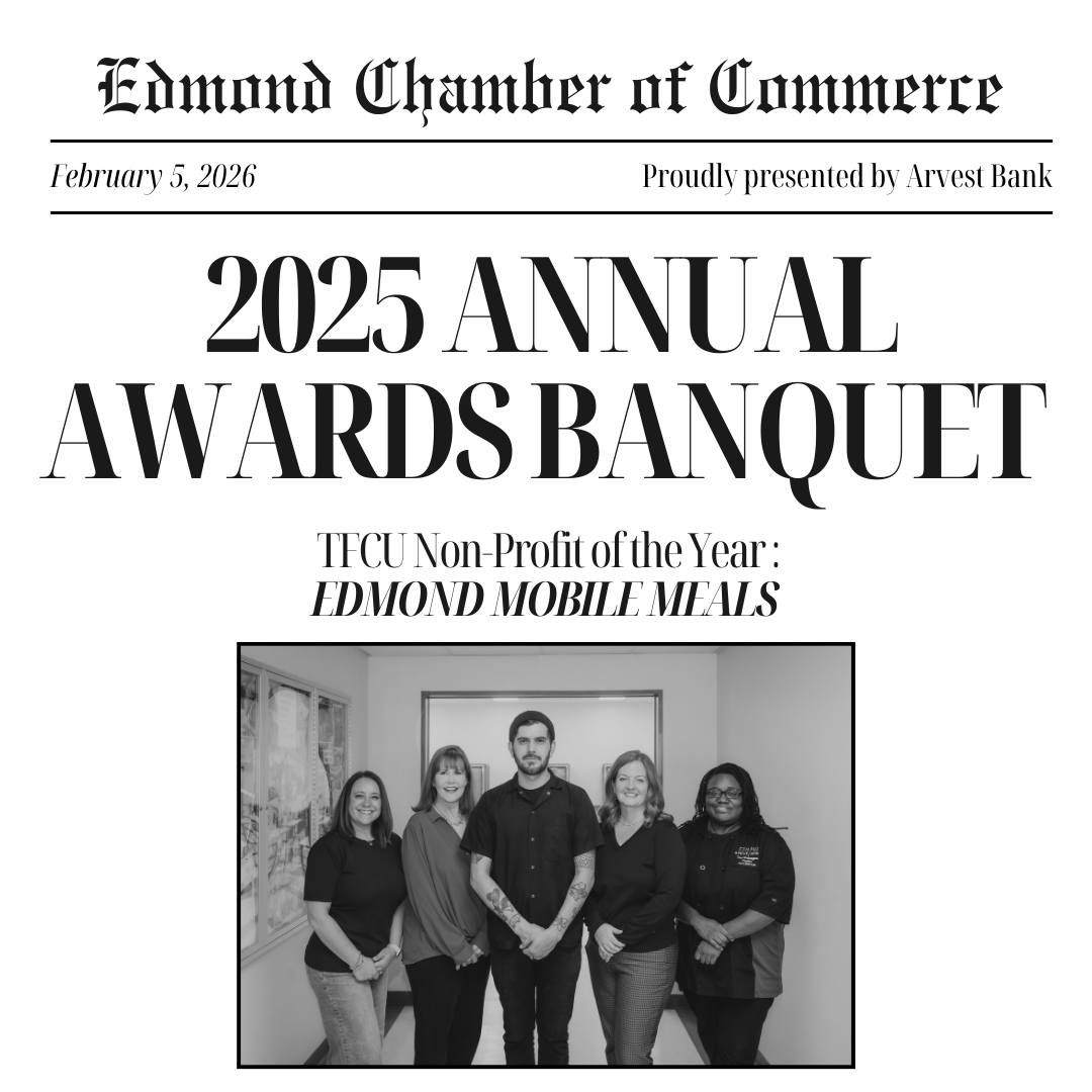 2025 Annual Awards Banquet announcement by Edmond Chamber of Commerce, presenting Edmond Mobile Meals as TFCU Non-Profit of the Year with a black and white group photo of five people standing indoors.