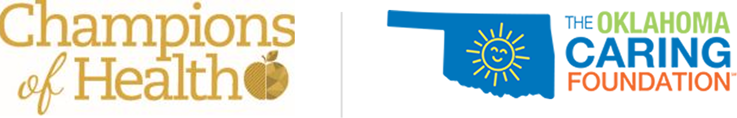 Champions of Health text logo with a stylized golden apple and The Oklahoma Caring Foundation logo featuring a blue Oklahoma state outline with a smiling sun and green, blue, and orange text.
