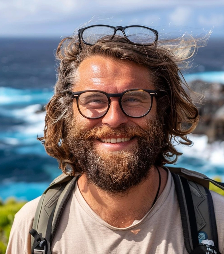 Bearded man with glasses on his face and another pair on his head smiling outdoors near the sea.