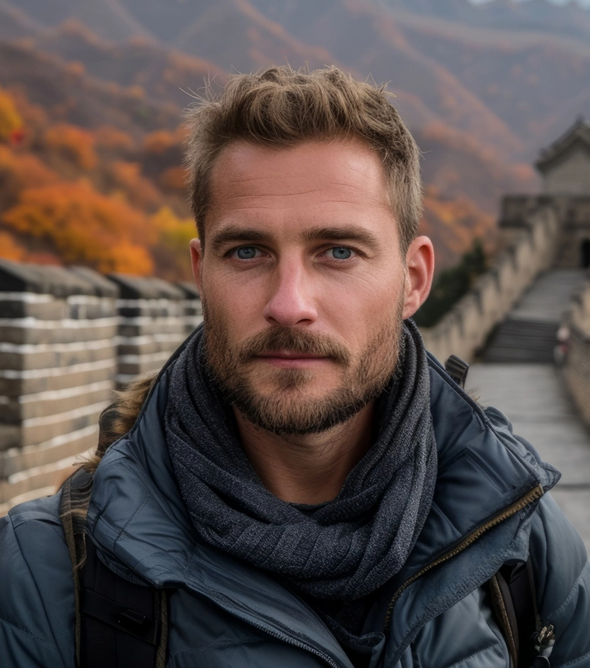 Bearded man wearing a blue jacket and scarf standing on the Great Wall of China with autumn foliage in the background.