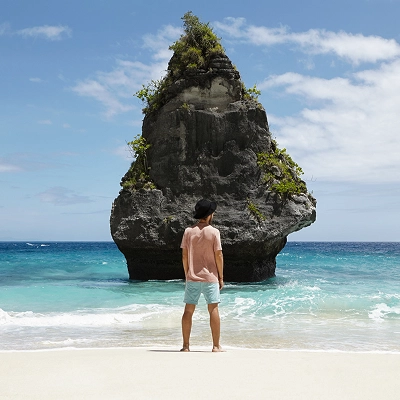 Person standing on a sandy beach looking at a large rock formation covered with greenery in the ocean under a partly cloudy sky.