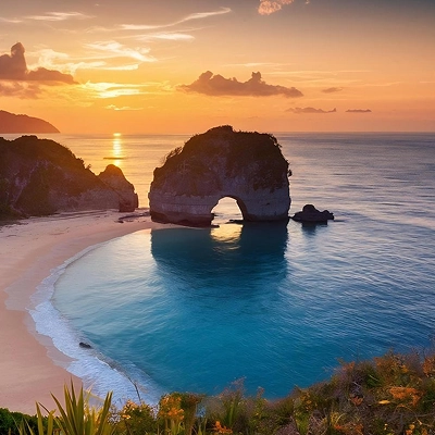 Sunset over a coastal rock formation with a natural arch surrounded by calm blue water and a sandy beach.