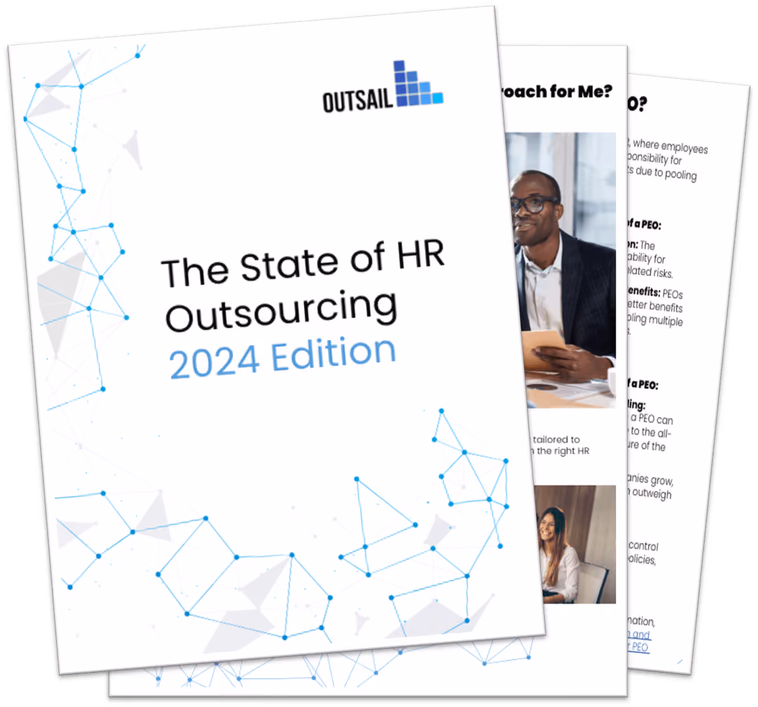 Cover of 'The State of HR Outsourcing 2024 Edition' report by Outsail with a network design background.