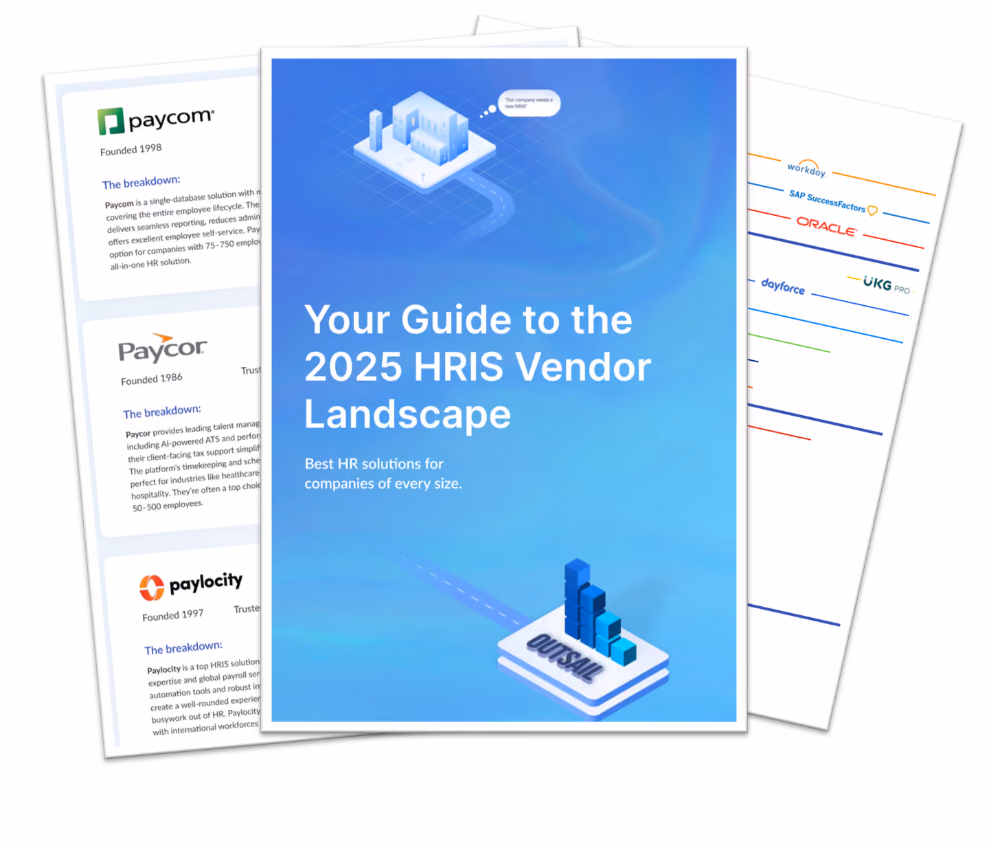 Cover of a guide titled Your Guide to the 2025 HRIS Vendor Landscape with blue background and company logos.