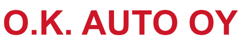 Punainen teksti 'O.K. AUTO OY' valkoisella taustalla